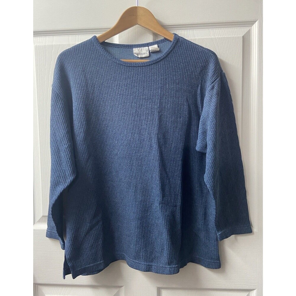 Fashion Bug Top  Womens Large Blue Ribbed Round Neck 3/4 Sleeved Office Casual